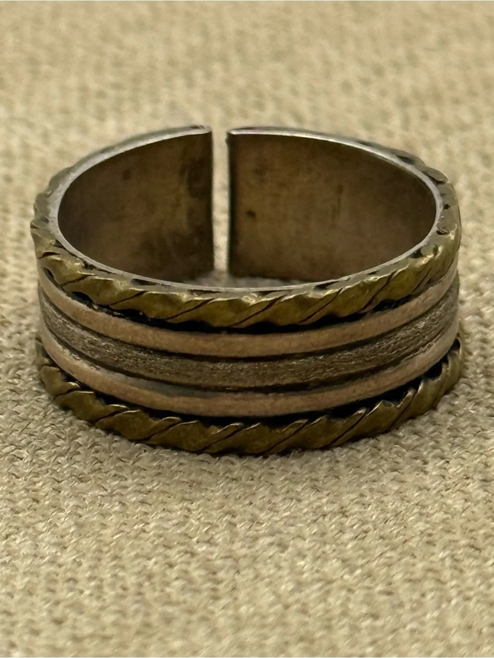 Unisex Two-Tone Braided Edge Adjustable Ring - Brown & Gold